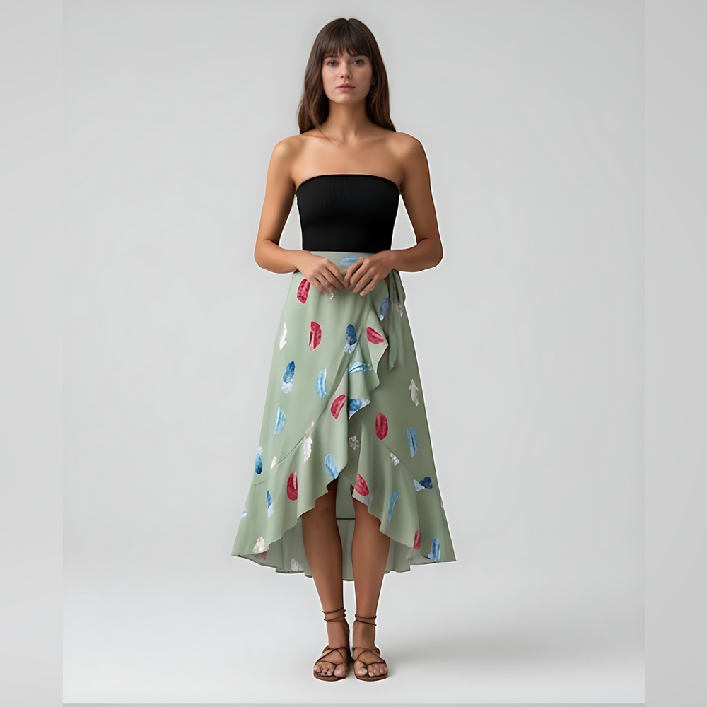 LAST  ONE 🔥 Green Boho Ruffle Trim Wrap Hem Belted Tube Dress